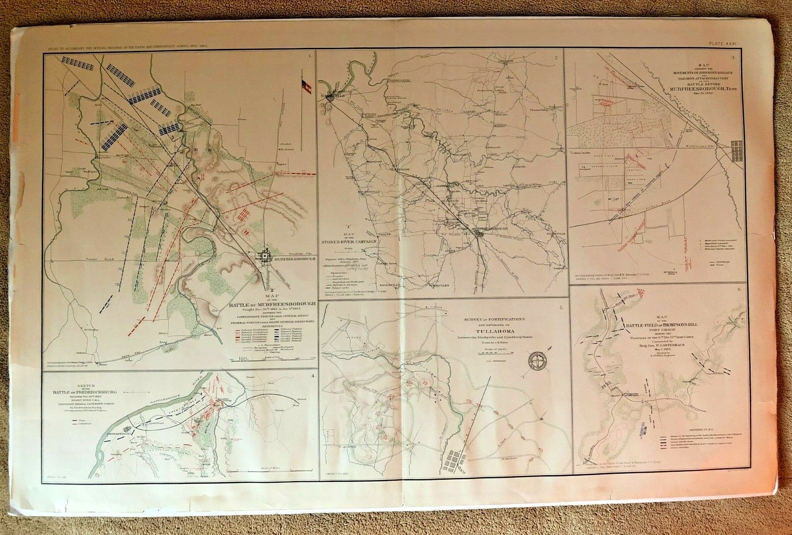 Civil War Battles MAP Murfreesborough Fredericksburg Thompson's Hill c.1891-1895