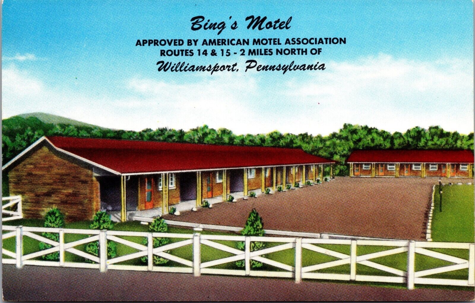 Postcard Williamsport PA Bing\'s Motel Routes 14 & 15 unused postcard