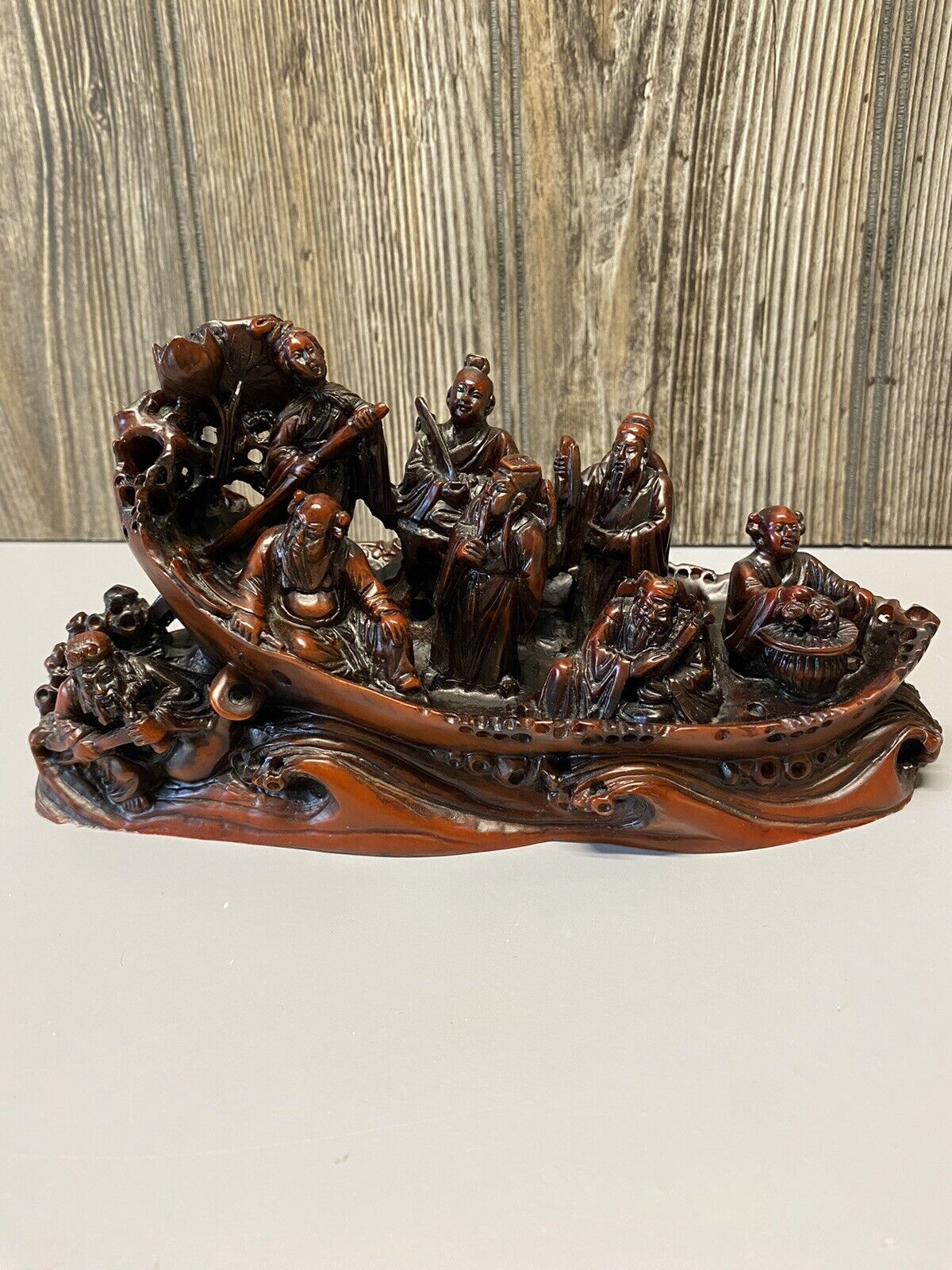 Chinese Eight Immortals Sailing In A Boat Crossing The Sea Resin Redstone Color