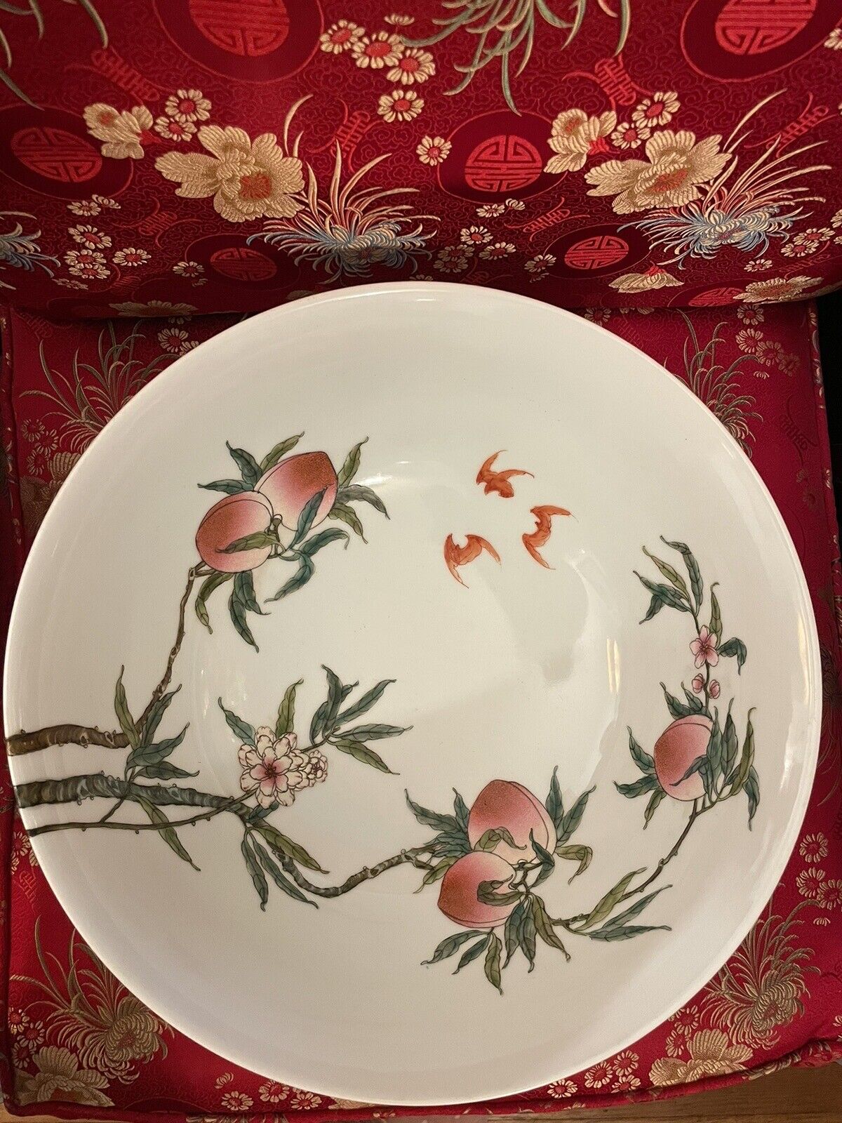 Huge Old China Porcelain Bowl Long Life Peaches Beautiful 14 Inch Diameter 