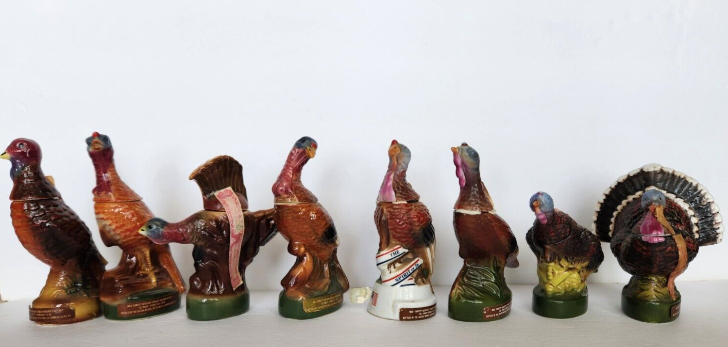 Vintage 1970s Complete Set Wild Turkey Mini Ceramic Decanters Numbers 1-8