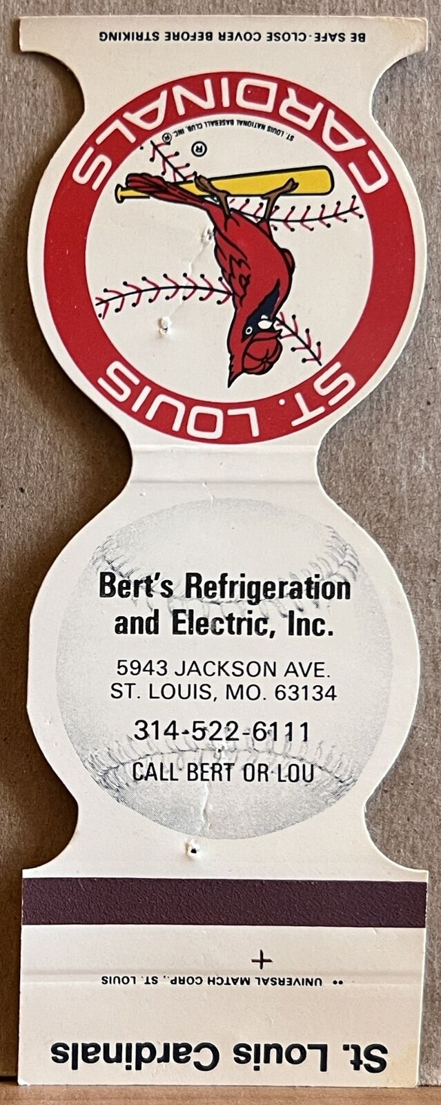 Bert\'s Refrigeration Co St Louis MO Cardinals Baseball Jewelite Matchbook Cover