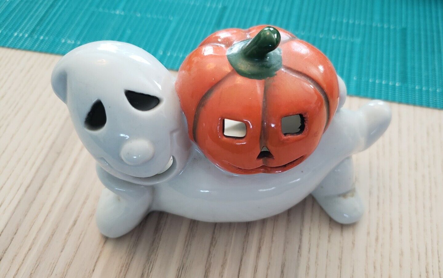 Vintage Ceramic Ghost Votive Holder Decorative With Pumpkin On Side