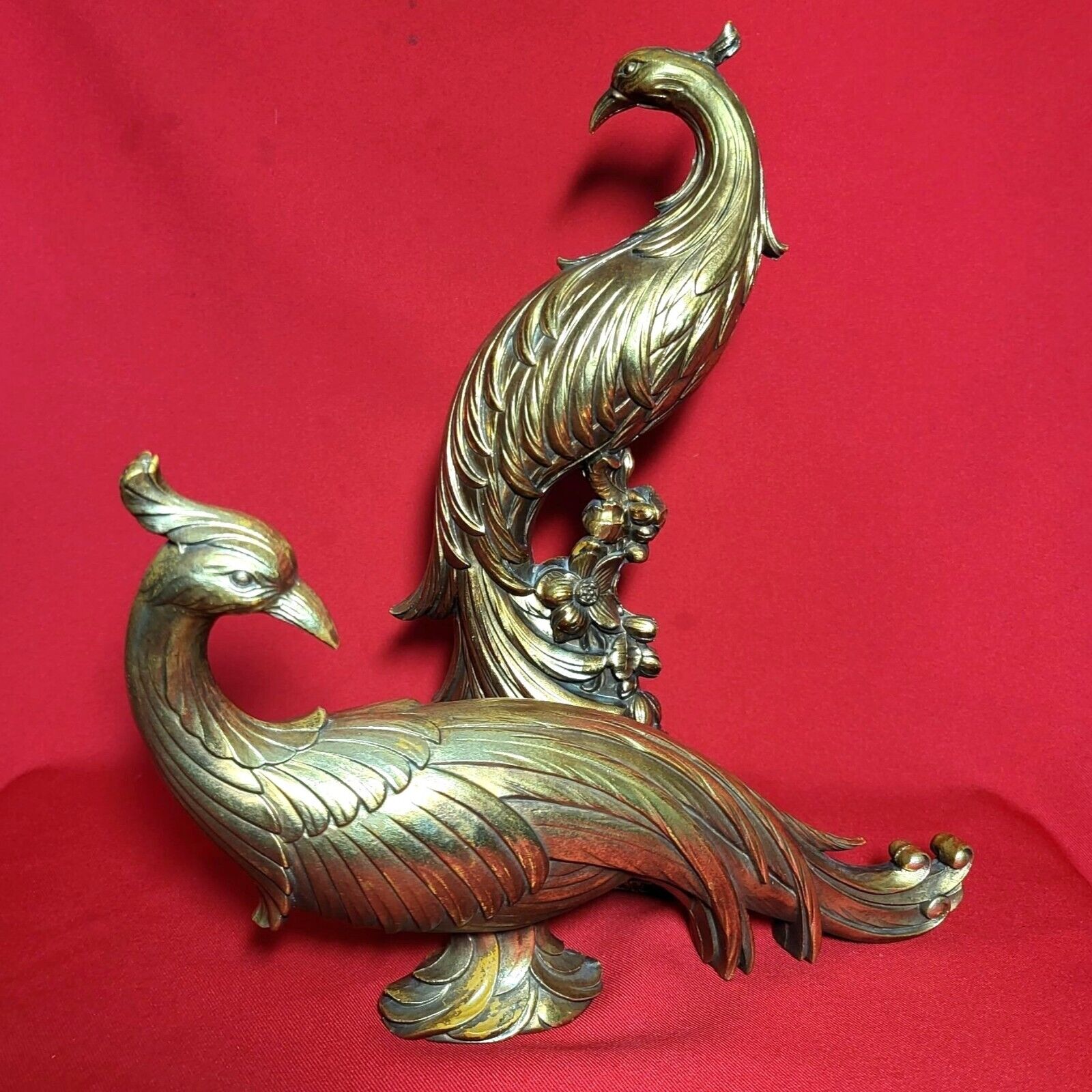 Vintage Syraco Gold Toned Pheasant Peacock Figurines Pair of Table Statuettes