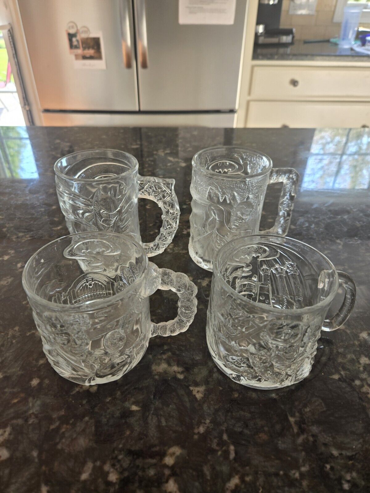 McDonalds BATMAN FOREVER Embossed Glass Mugs 1995 Complete Set Of 4