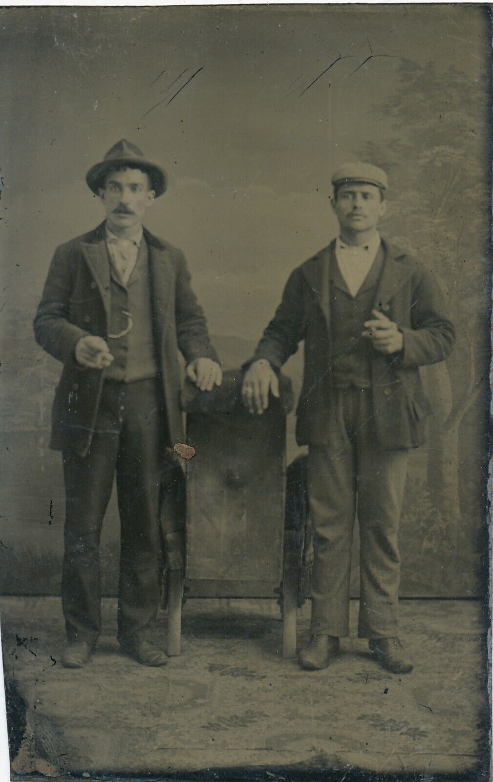 Two Men Smoking Stogies Proudly 1880\'s Pair of Tintypes