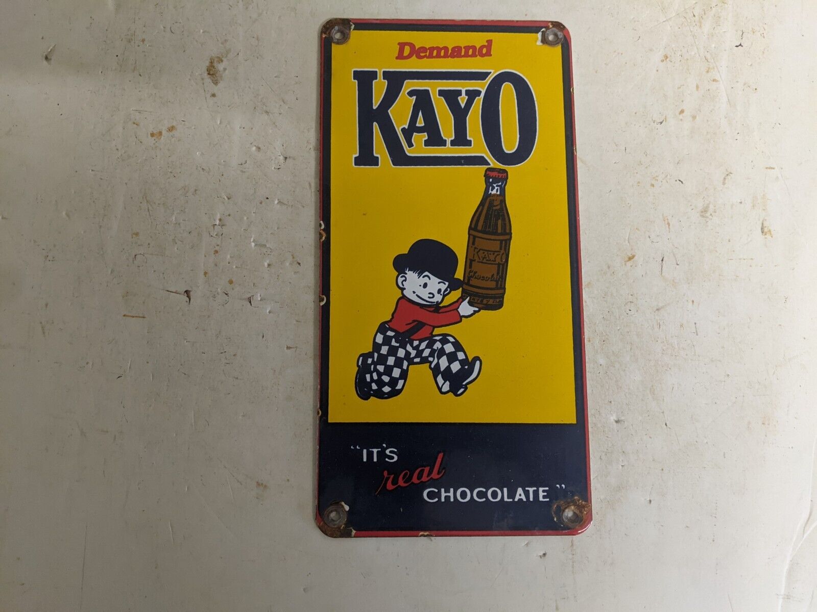 OLD VINTAGE DEMAND KAYO CHOCOLATE CANDY PORCELAIN HEAVY METAL SIGN FOOD