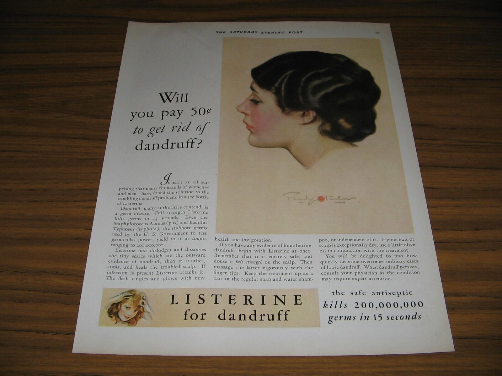1930 Print Ad Listerine for Dandruff The Safe Antiseptic Kills Germs