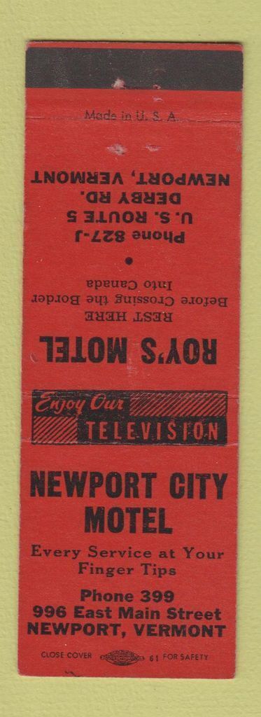Matchbook Cover - Newport City Motel Roy\'s Newport VT