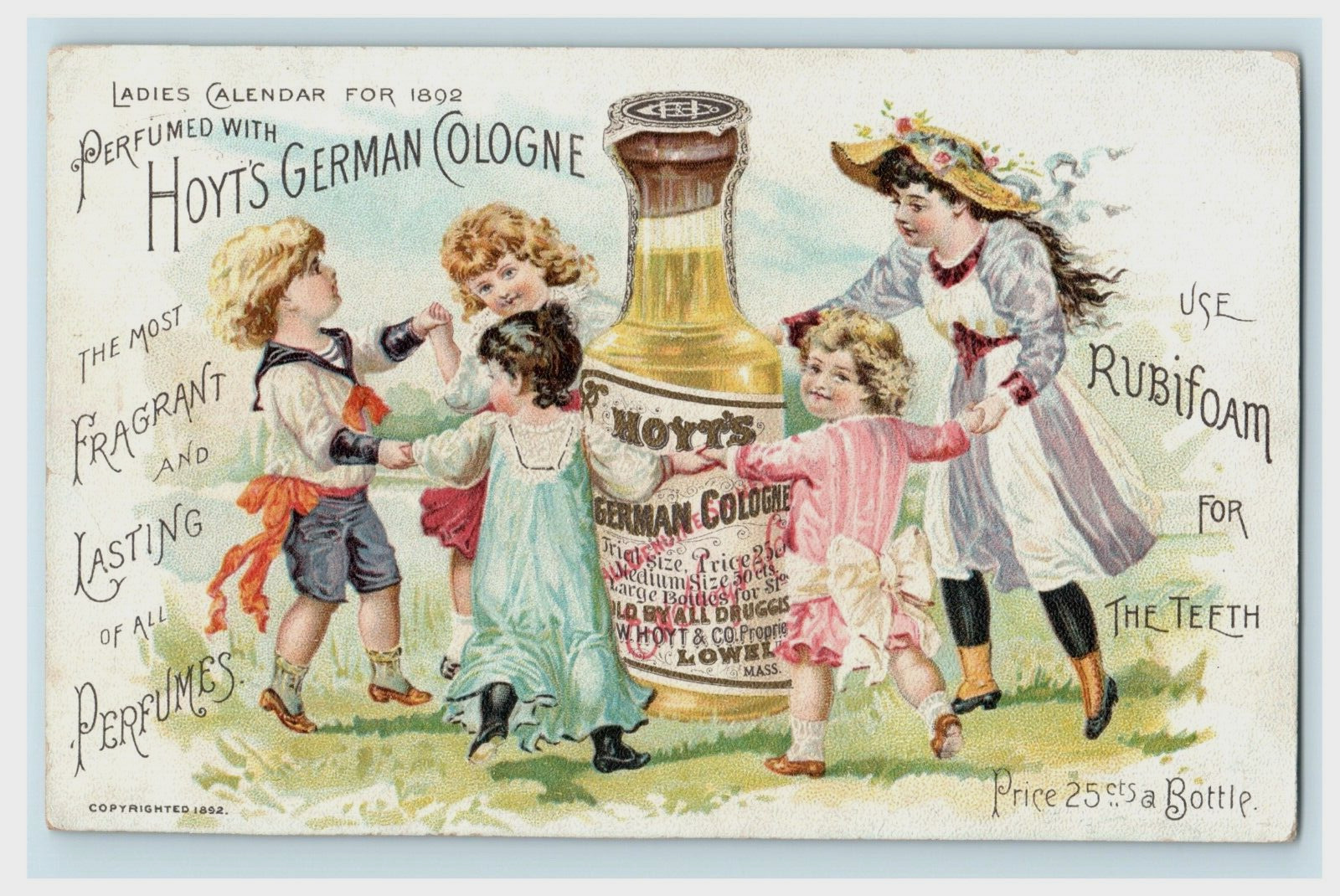 Hoyts German Cologne - Ladies Calendar 1892 Lowe l MA - Children Fantasy Bottle