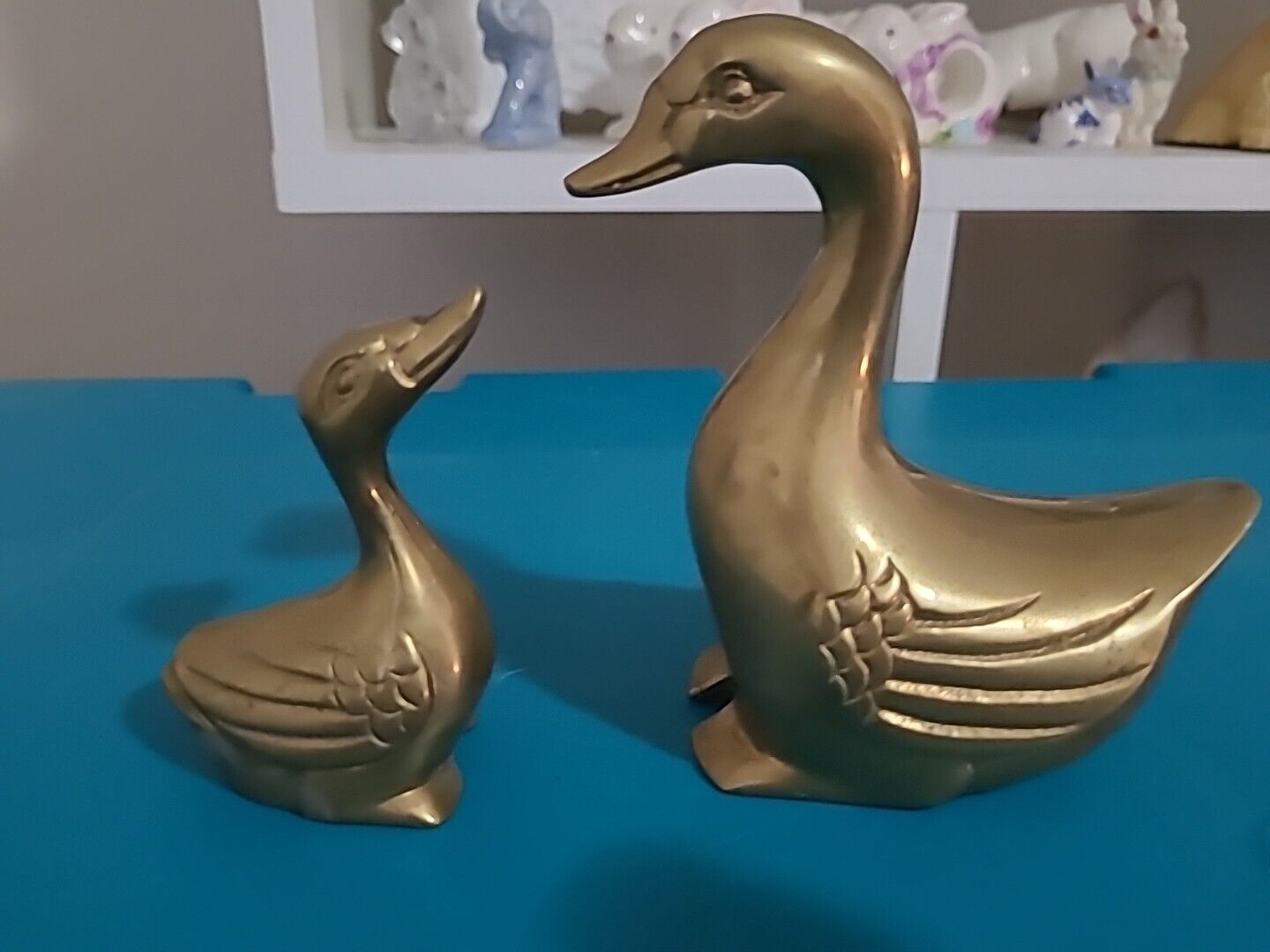 Vintage Brass Ducks Figurines Mom Baby Pair Big Small Birds Metal Home Decor