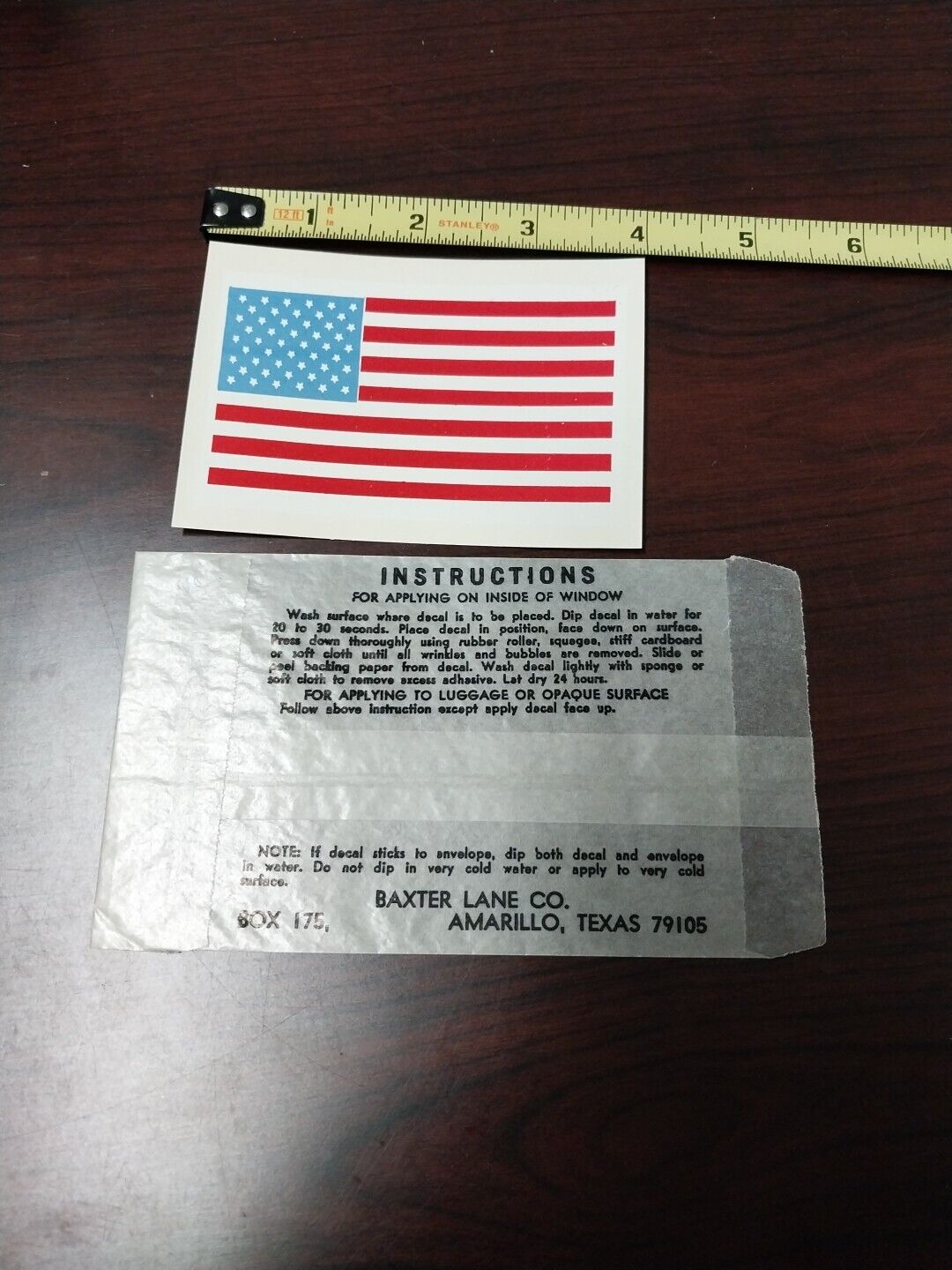 Vintage Baxter Lane Co. Water Dip Decal American Flag Sticker Travel 