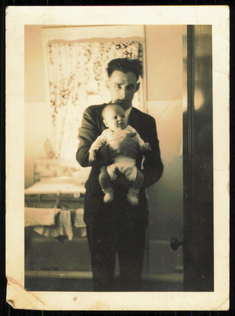 Vintage 1930s Man In Suit Holding a Baby Photograph