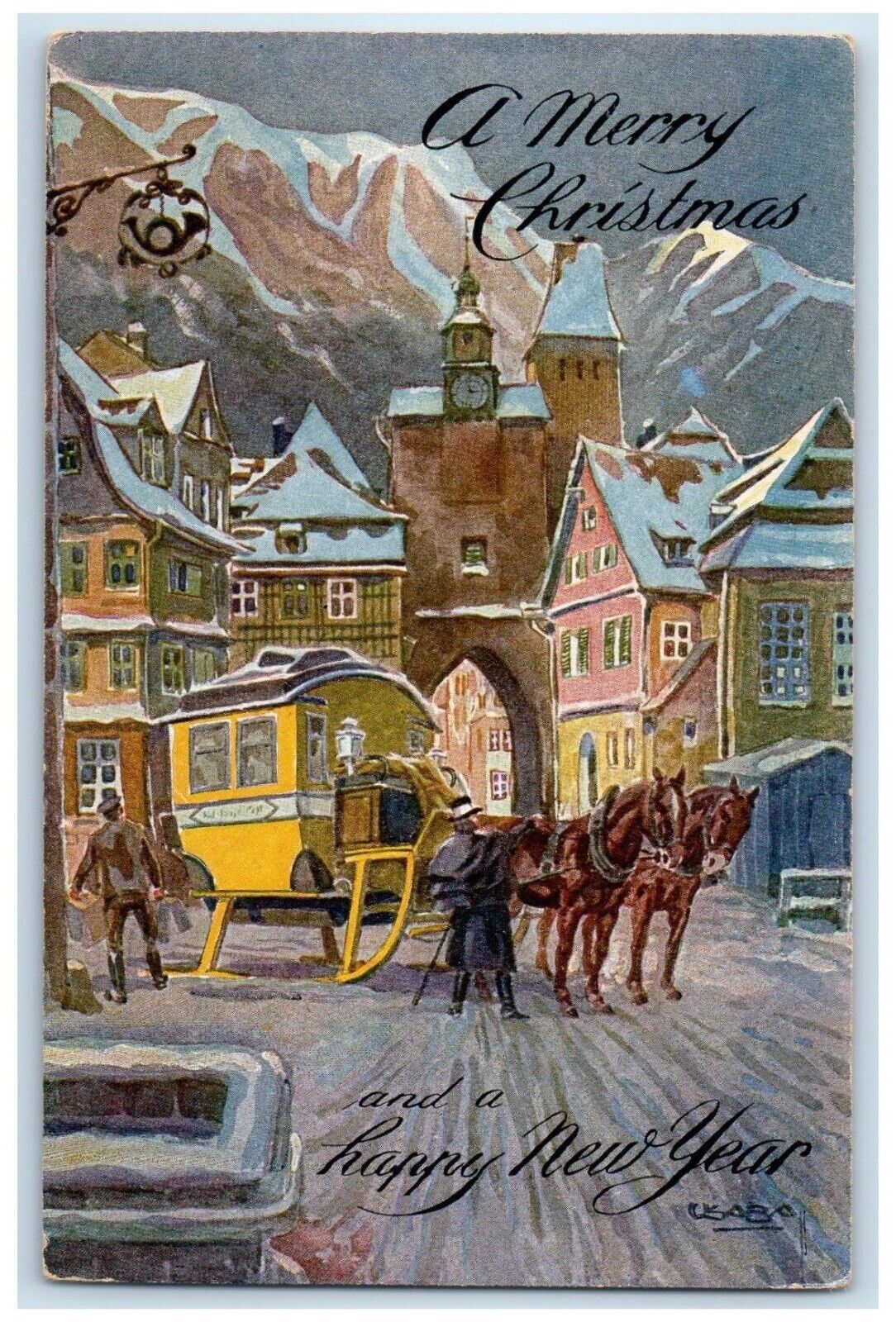 c1910's Christmas And New Year Horse Carriage Sled House Church Antique Postcard
