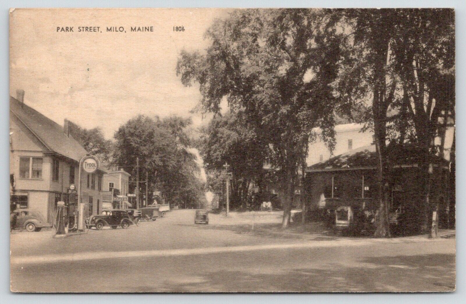 Milo Maine~Park Street~Tydol Gas Station Pumps~Meat Market~1941 Cars~Sepia Litho
