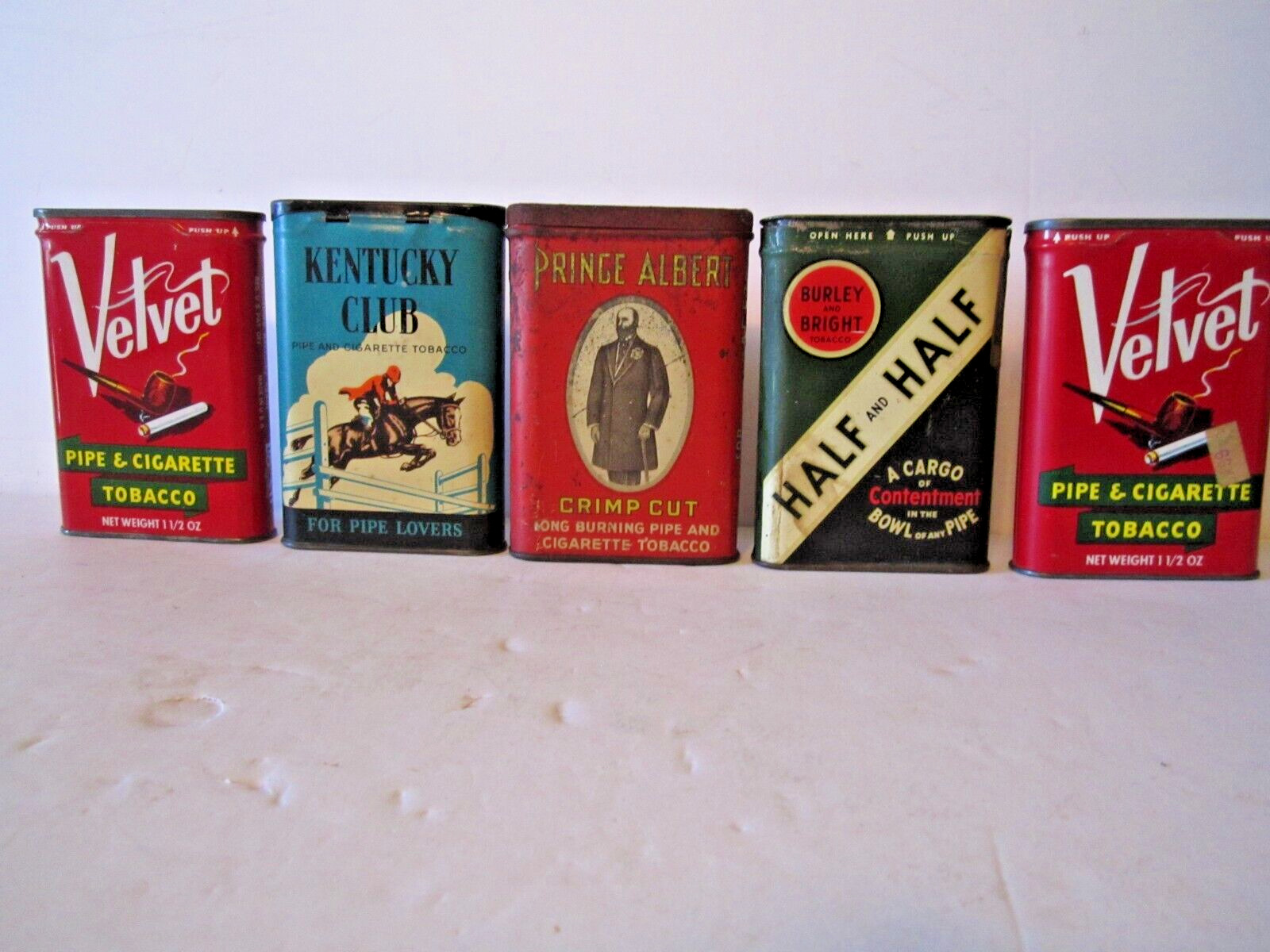 Lot of 5 Tobacco Tins - 2 VELVET, KENTUCKY CLUB, PRINCE ALBERT, & HALF & HALF