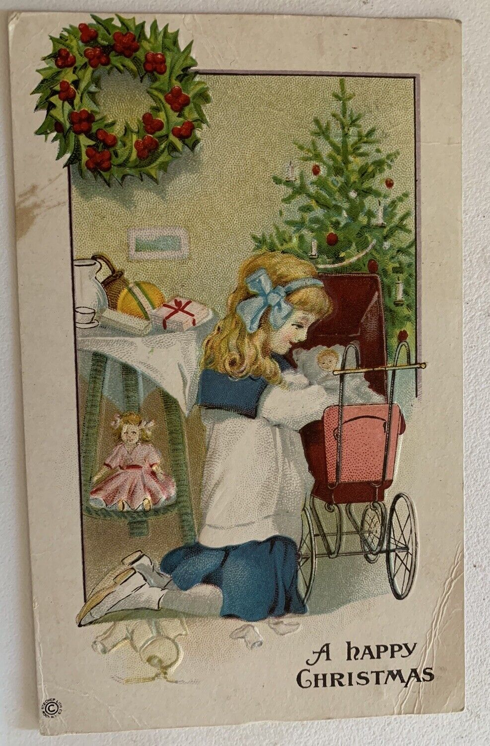 Postcard A Happy Christmas Girl With Dolls & Tree Embossed 1922