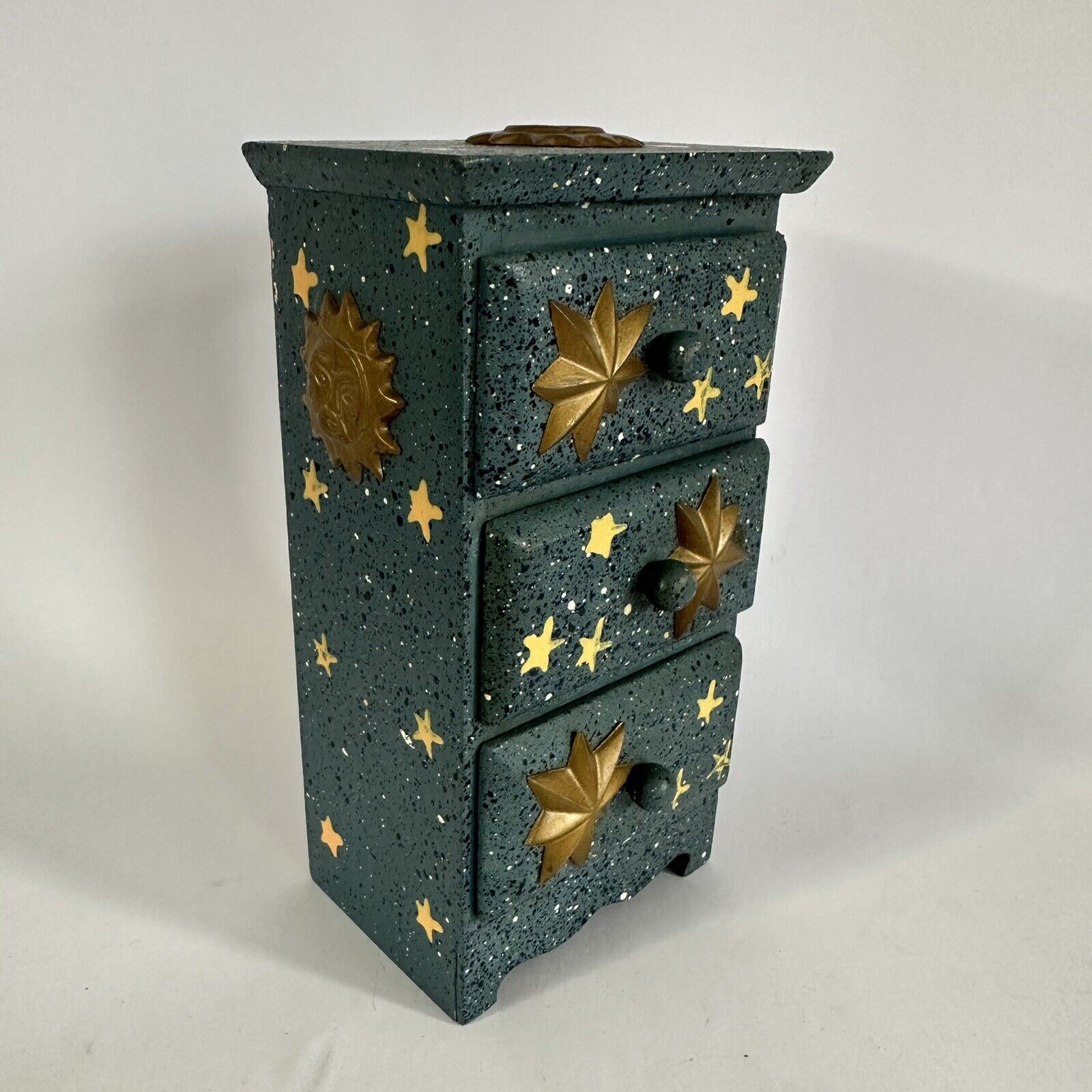 Vintage Celestial Wooden Trinket Drawers Blue Gold Stars Sun Mini Size Retro