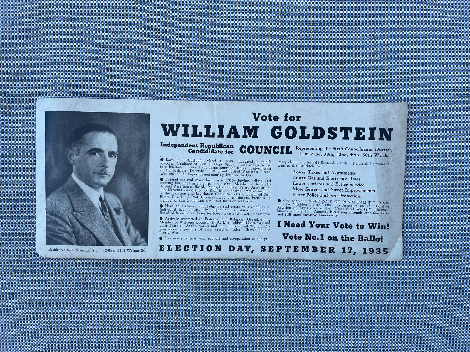 vote for William  Goldstein Republican 1935 lower taxes gas prices advertisement