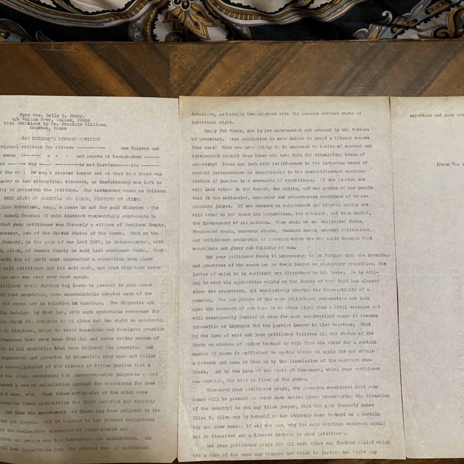 Sam Houston Typescript Divorce Petition Copy For Eliza Allen, November 30, 1833