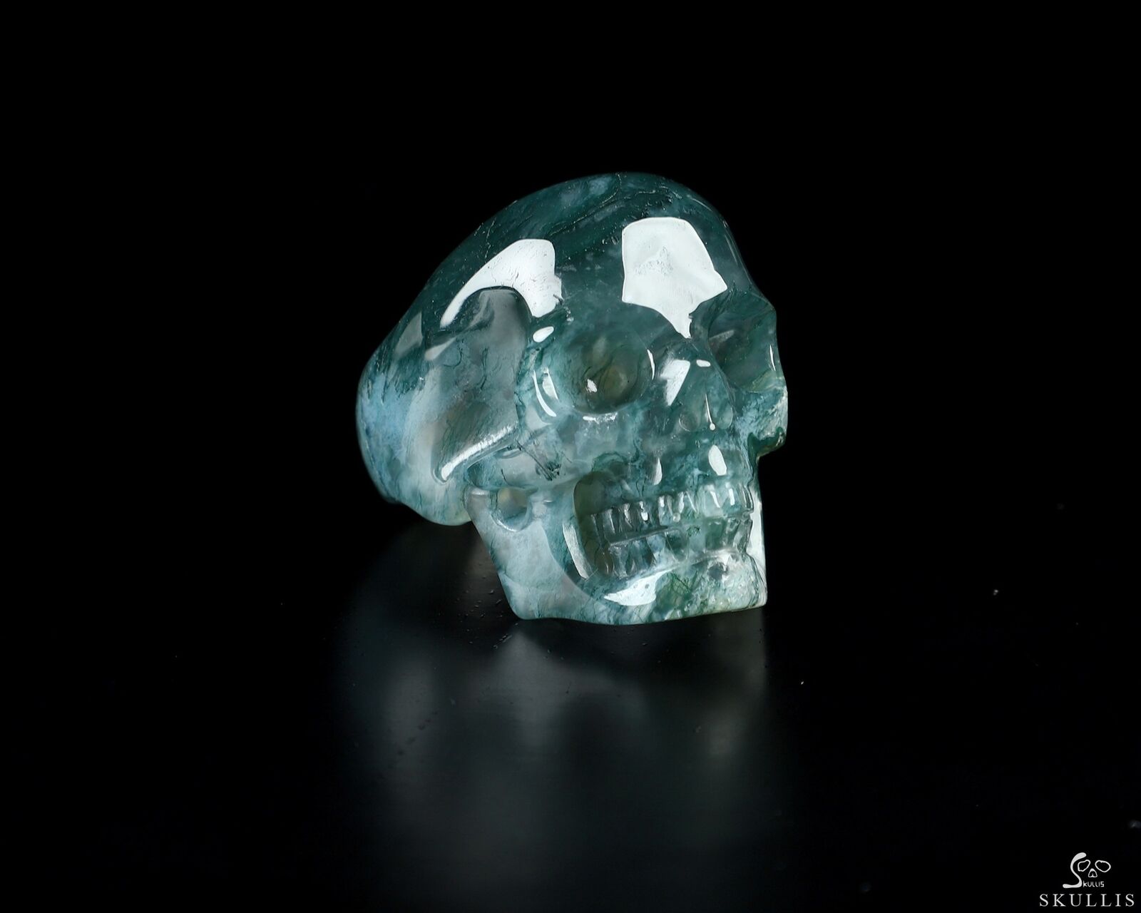 US Size 11# Green Moss Agate Hand Carved Crystal Skull Ring, Skull Jewelry