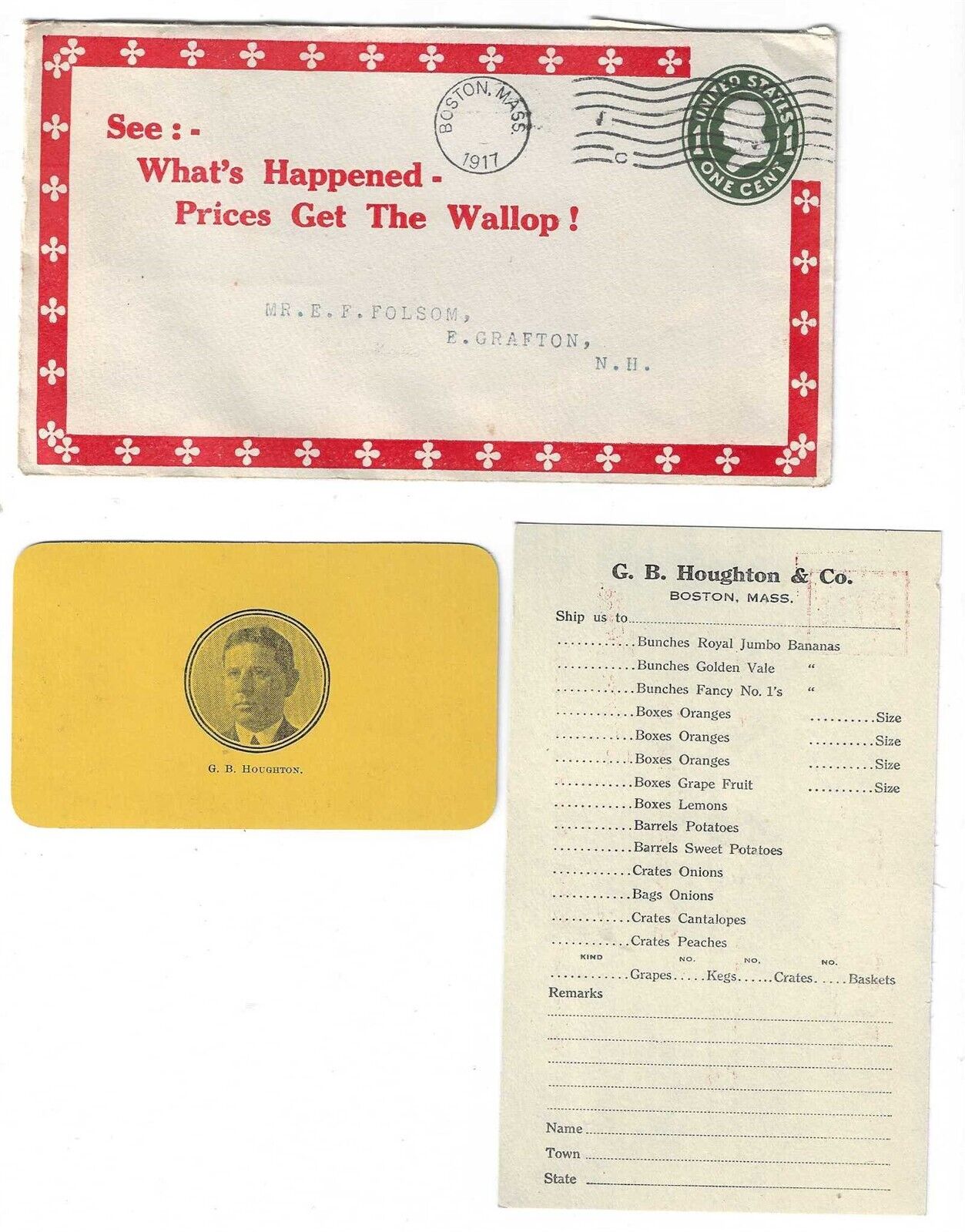 1917 Boston Orange Dealer Lot Mailer & Order Form G.B. Houghton  Price Card A2