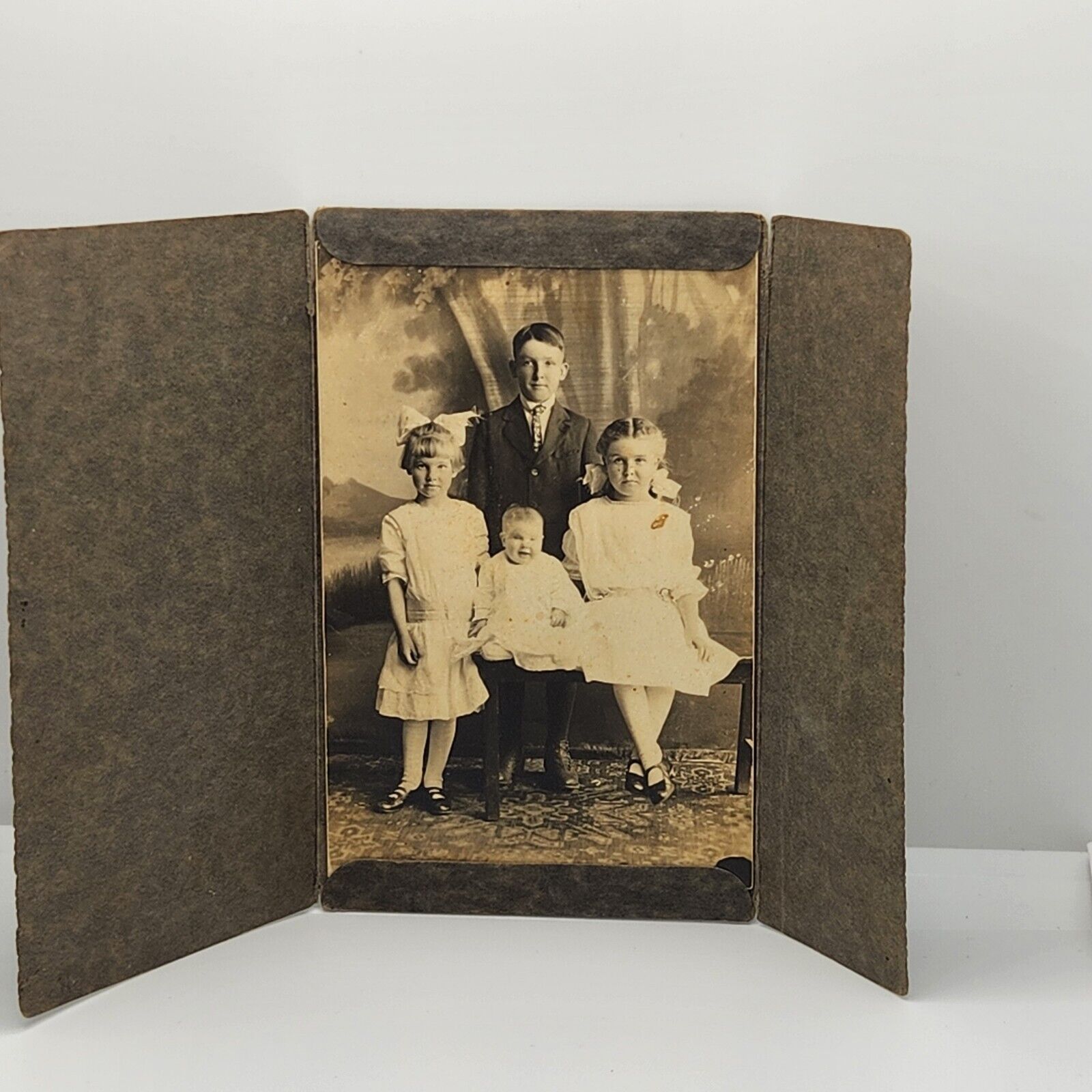 Vintage Antique B&W 1900s Photograph In Folder Family Kids Baby Portrait Ghost?