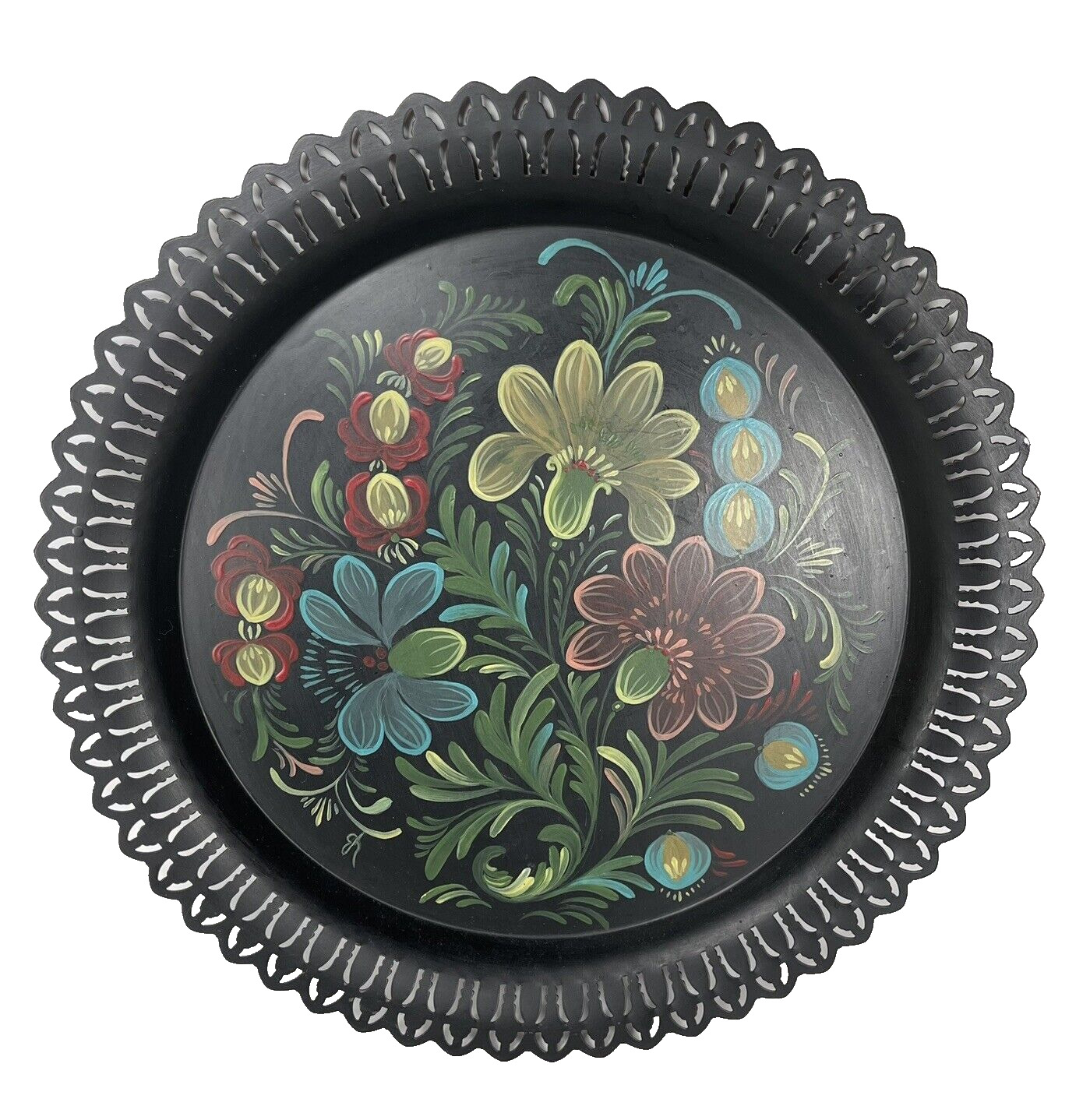 Vintage Round Black DecorativeToleware Tin Metal Tray Reticulated 12in