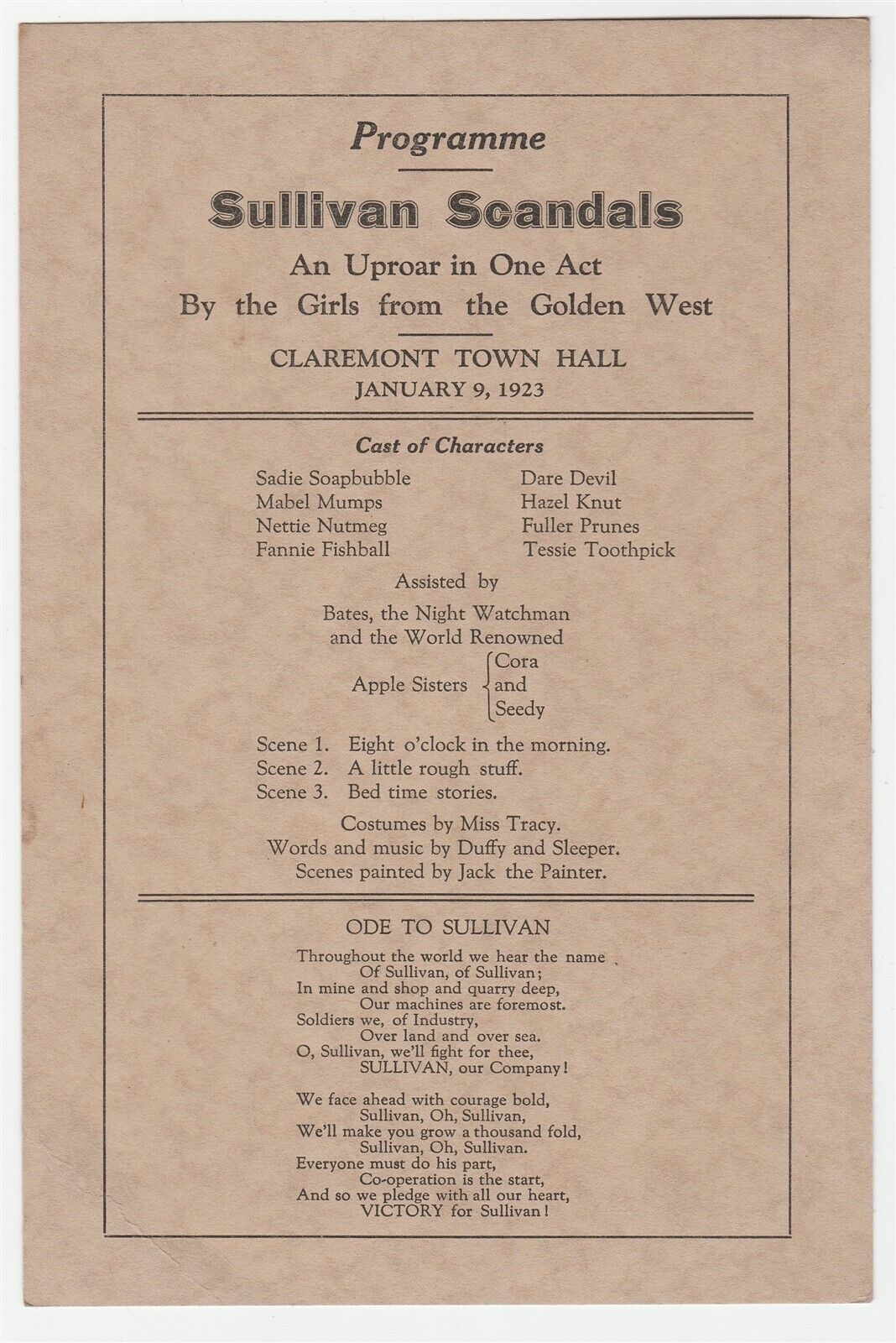 1923 program for play Sullivan Scandals, Sullivan Machine Co., Claremont NH