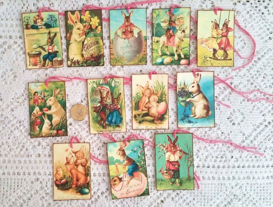 12~Easter~Vintage~Bunny~Rabbit~Hare~Fussy Cut~Linen Cardstock~Gift~Hang~Tags