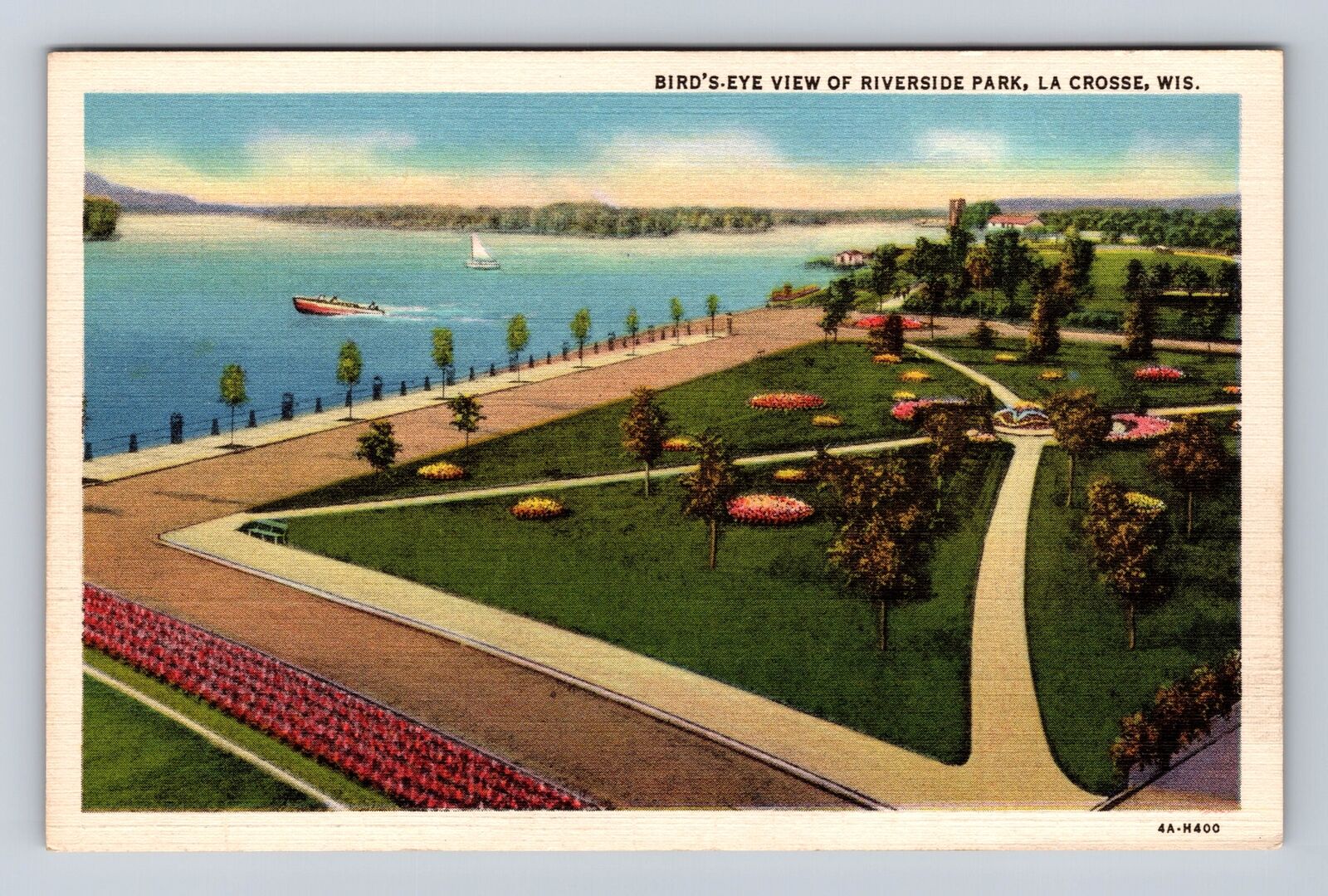 La Crosse WI-Wisconsin, Birds Eye View Riverside Park, Antique, Vintage Postcard