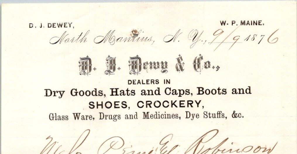 1876 D J Dewey Dry Goods Caps Crockery Medicine Dye Stuff NORTH MANLIUS NY BL326