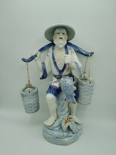 Chinese Fisherman Figurine With Water Buckets Vintage Blue And White  Statue 13\