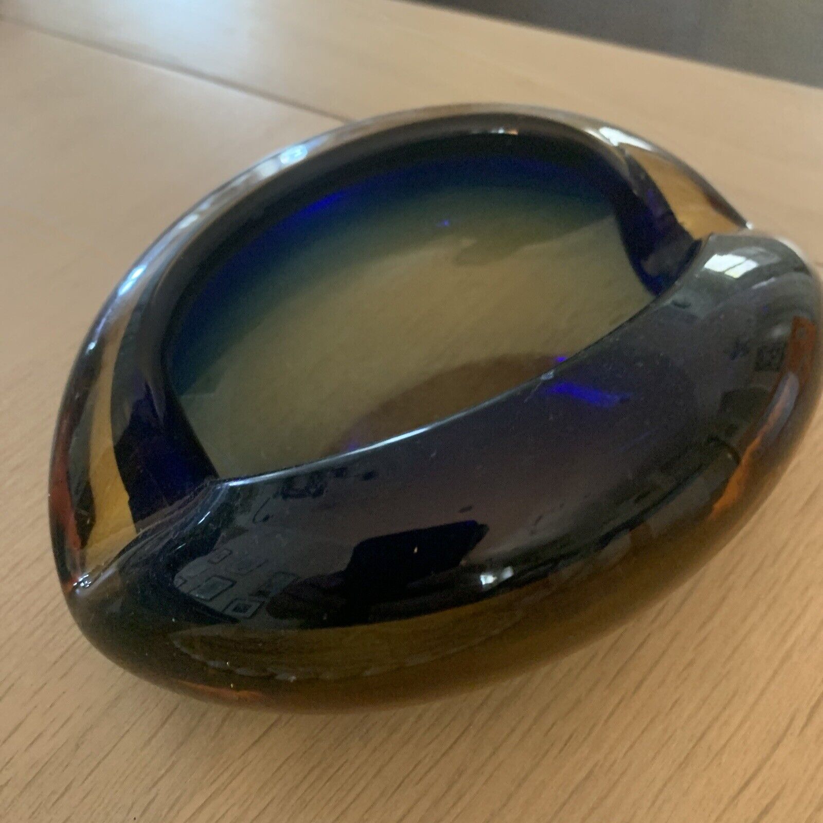 VTG Murano Art Glass Hand Blown Amber and Blue Ashtray
