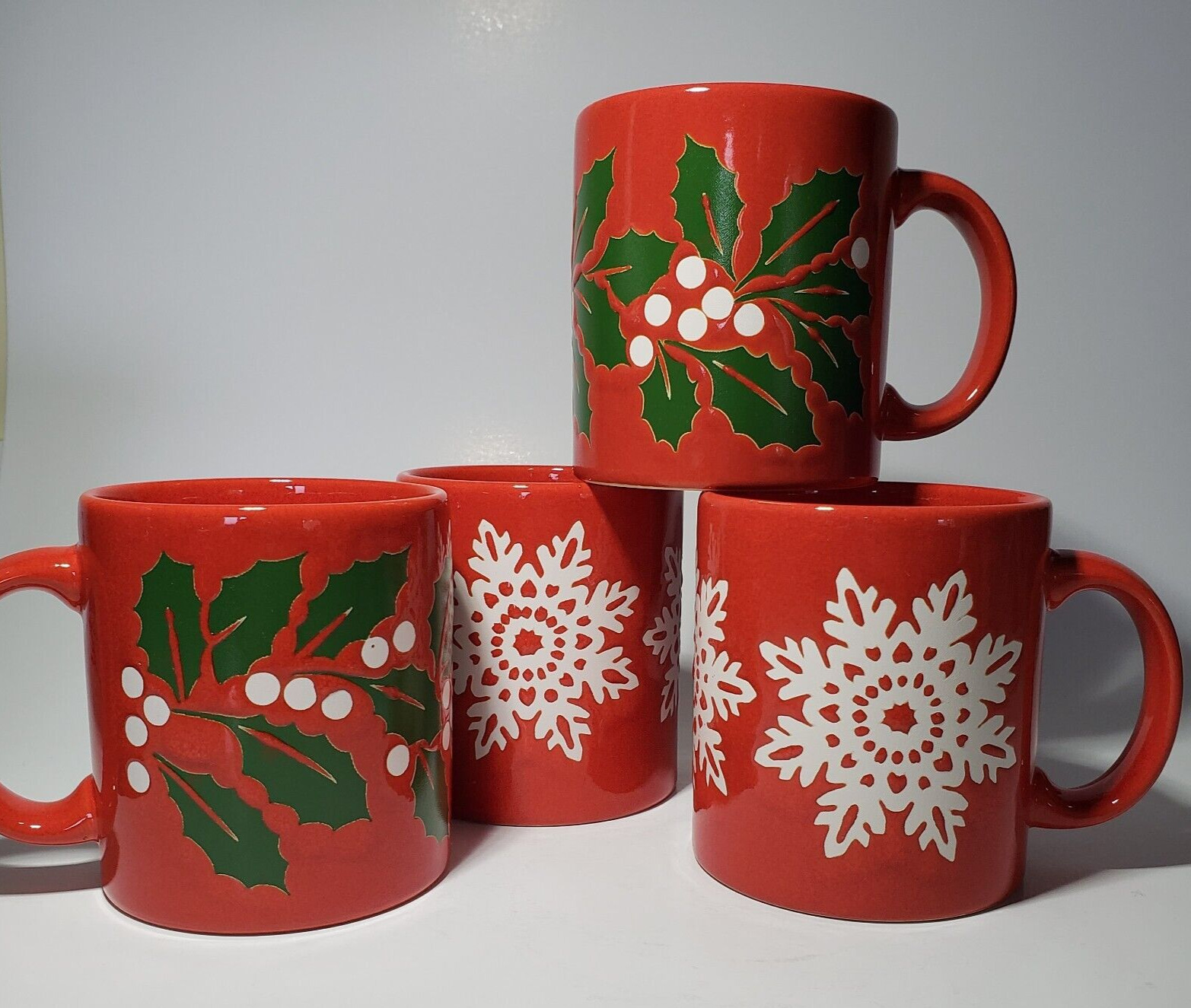 Waechtersbach Mugs Germany Set of 4 Christmas Red Holly & Snowflake Vintage 