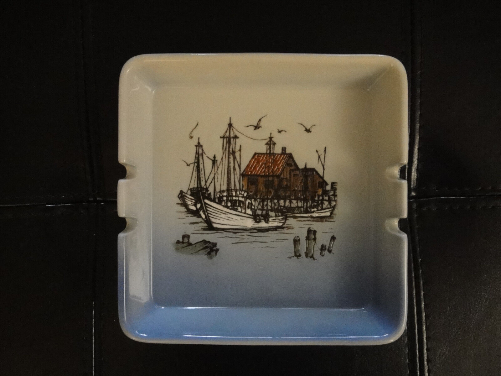Otagiri Japan Ceramic Pottery Ashtray / Trinket Fishing Boat Seagull Nautical