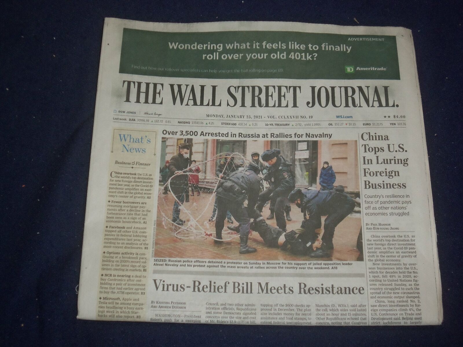 2021 JANUARY 25 THE WALL STREET JOURNAL - 3,500 ARRESTED AT RALLIES FOR NAVALNY