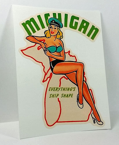Michigan Pinup Vintage Style Travel Decal, Vinyl Sticker, Luggage Label