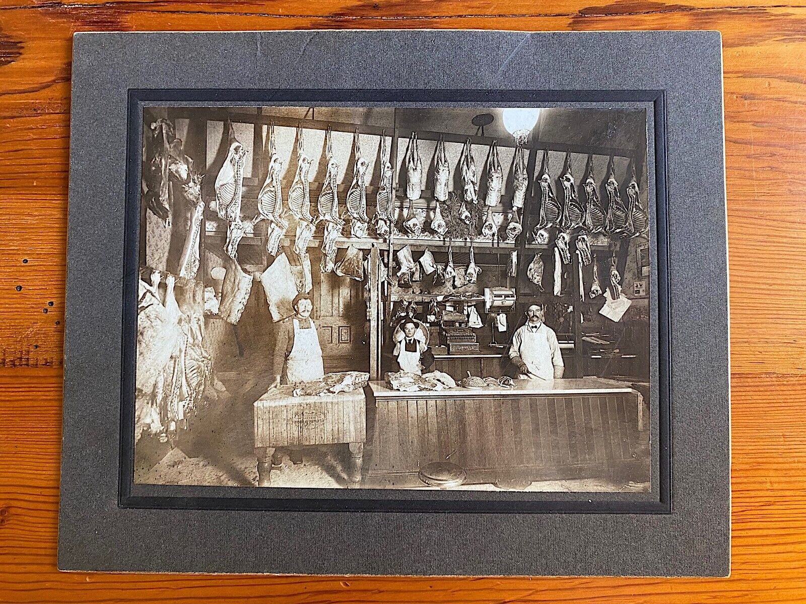 Butcher Shop Interior with Hanging Meat 1922 Cabinet Photo St. Louis Missouri ?