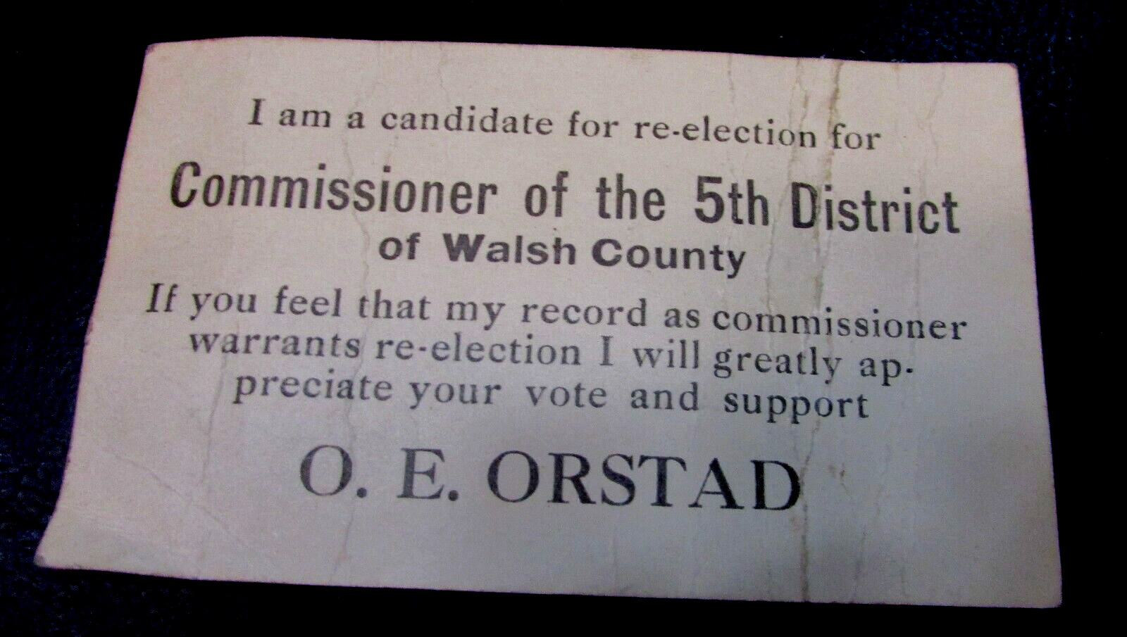 Old 1910\'s Walsh County Commissioner North Dakota Candidate Antique Calling Card