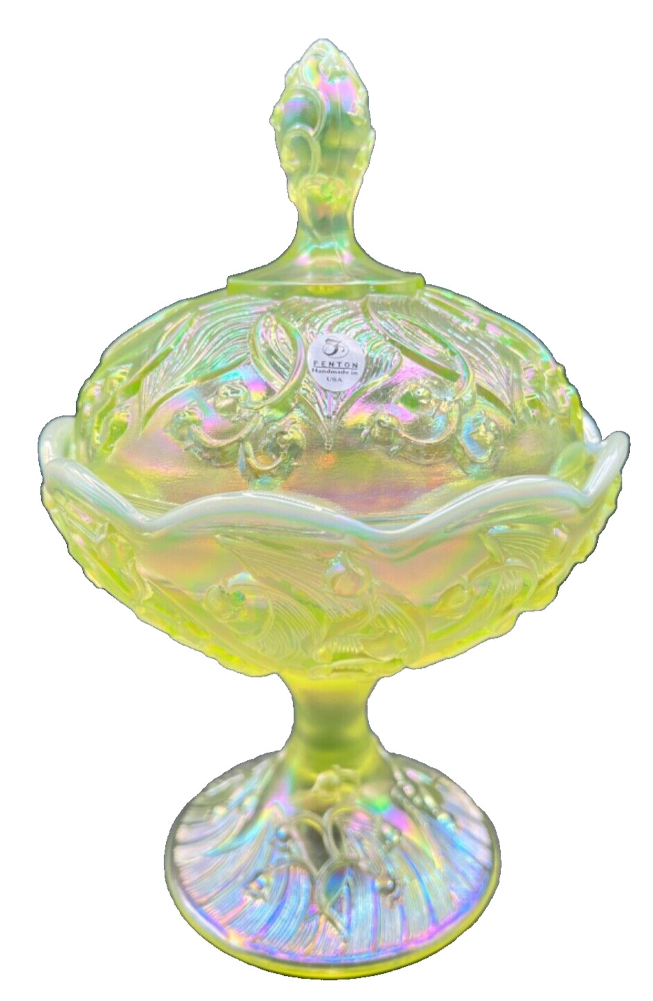 Fenton Lily of the Valley Topaz Opalescent Vaseline Glass Tall Footed Candy Box