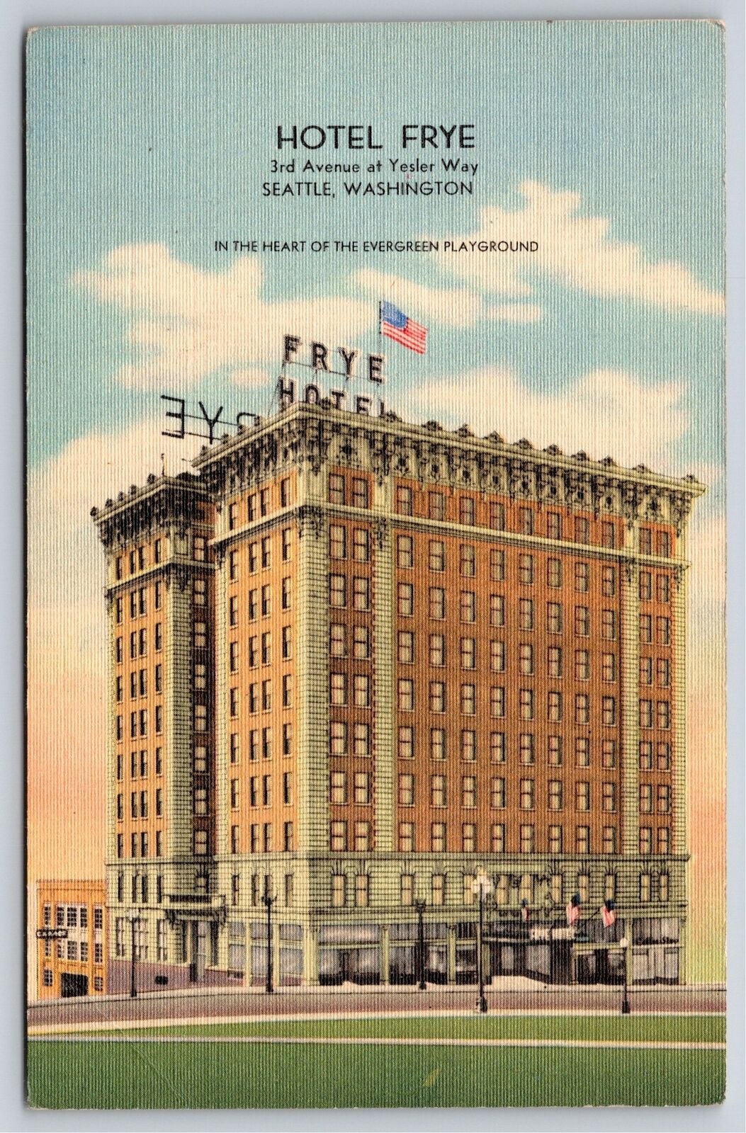 Seattle Washington~Hotel Frye Street Scene~Vintage Linen Postcard