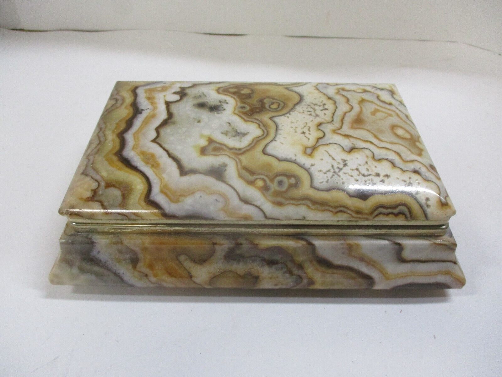 Vintage Brown Marbled Onyx Brass Hinged Trinket Box 8\