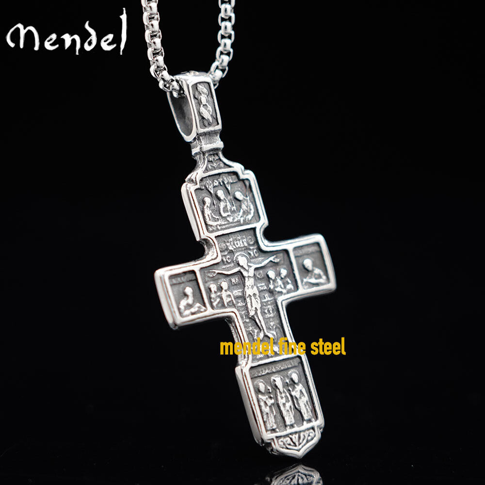 MENDEL Mens Greek Orthodox Jesus Crucifix Cross Pendant Necklace Stainless Steel