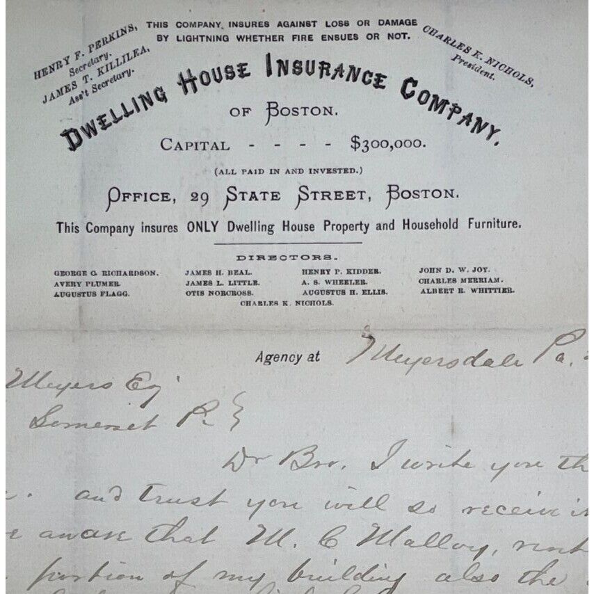 1885 Antique Letterhead - DWELLING HOUSE Insurance Company - Meyersdale, PA