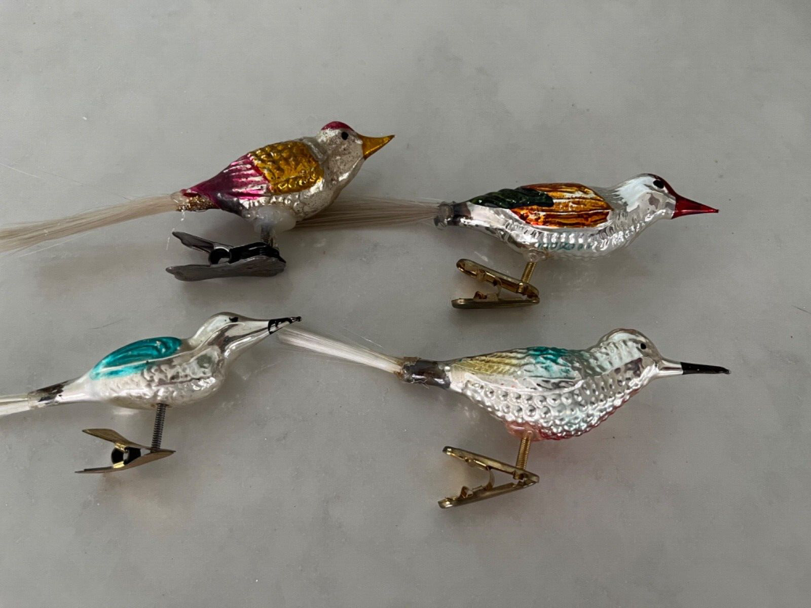 Vtg Mercury Glass Clip On Bird Ornaments(4)