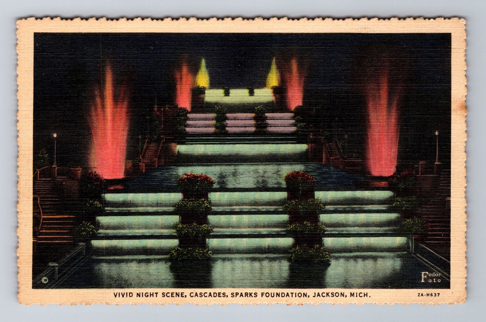 Jackson MI-Michigan, Night Scene, Cascades, Sparks Foundation, Vintage Postcard