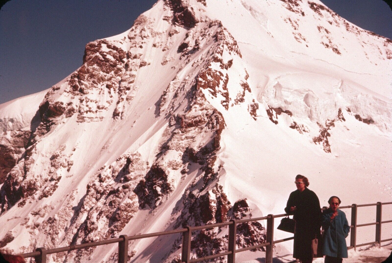 1958 Switzerland Jungfrau Mountains Mom Daughter at Scenic Overlook 35mm Slide