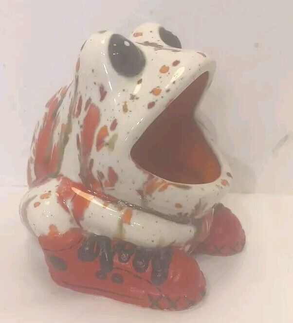 Vtg 70\'s Big Mouth Ceramic Frog Kitchen Sink Sponge Holder Orange Sneakers