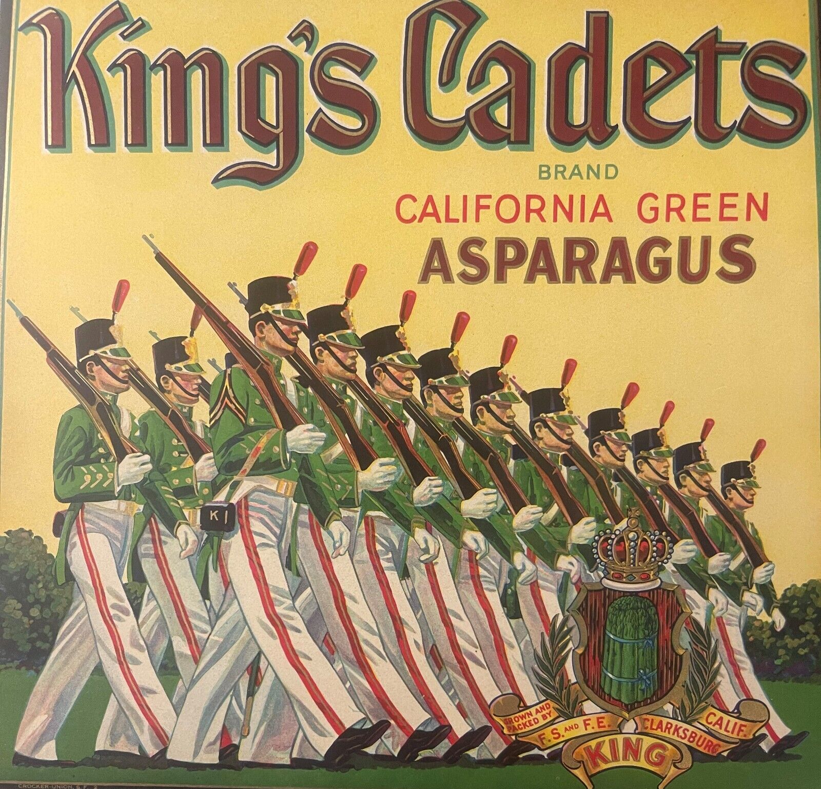Antique Vintage King's Cadets Crate Label, Clarksburg, CA 1930s Soldiers
